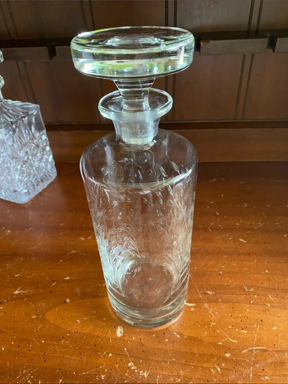 Vintage Mid-Century Hand-Blown Etched Glass Decanter with Flat-Top Disc Stopper